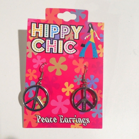 Hippy Chic Silver Tone Peace Symbol Drop Earrings - Women's Fashion Jewelry - Picture 3 of 6